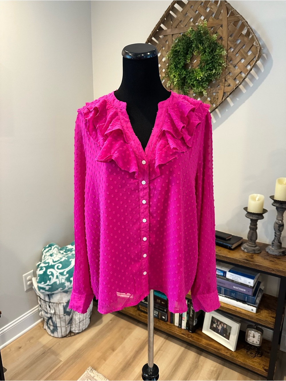 J. Crew Hot Pink Ruffled V-Neck Button Blouse